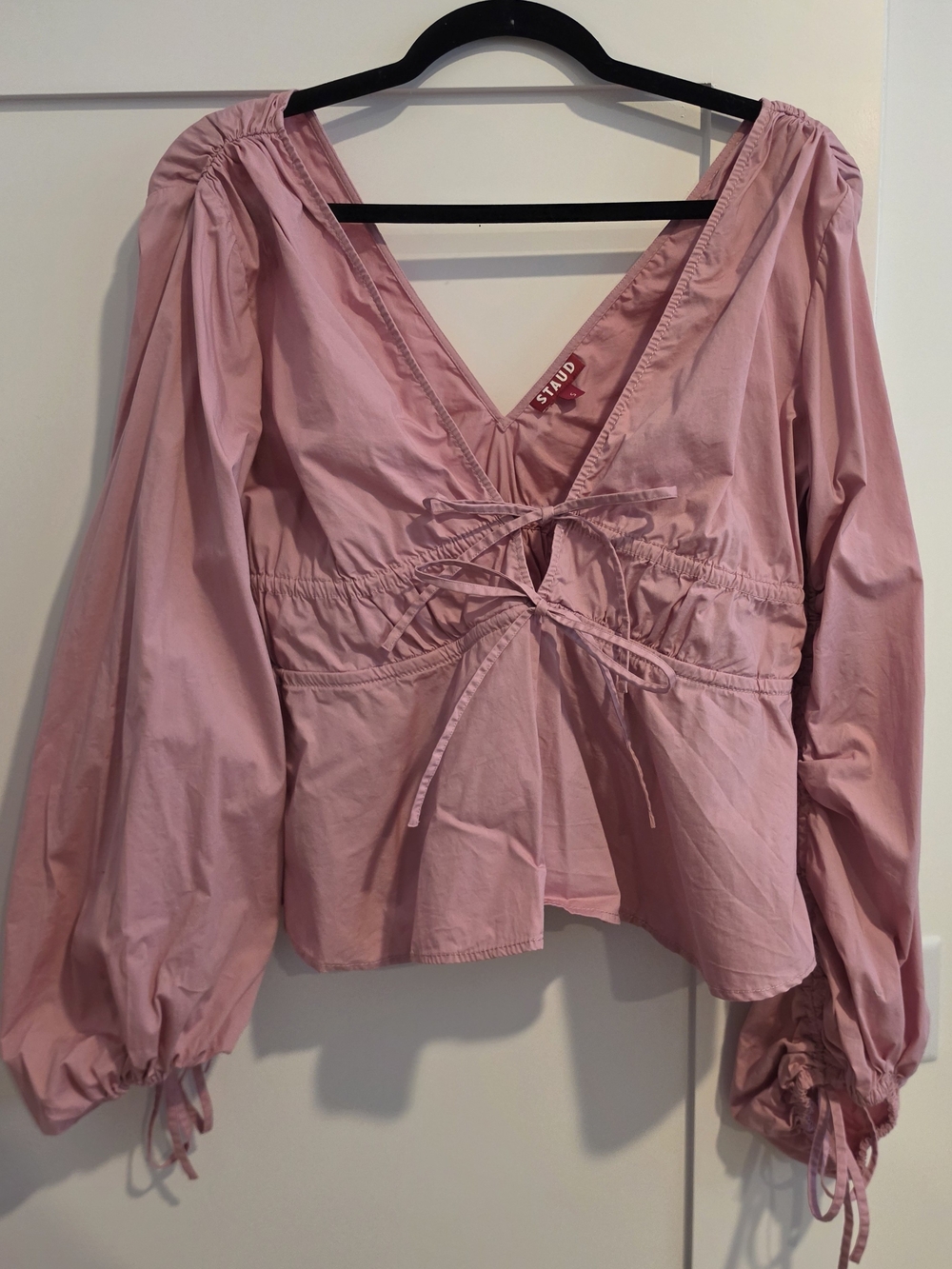 STAUD Light Pink V-Neck Drawstring Peasant Blouse
